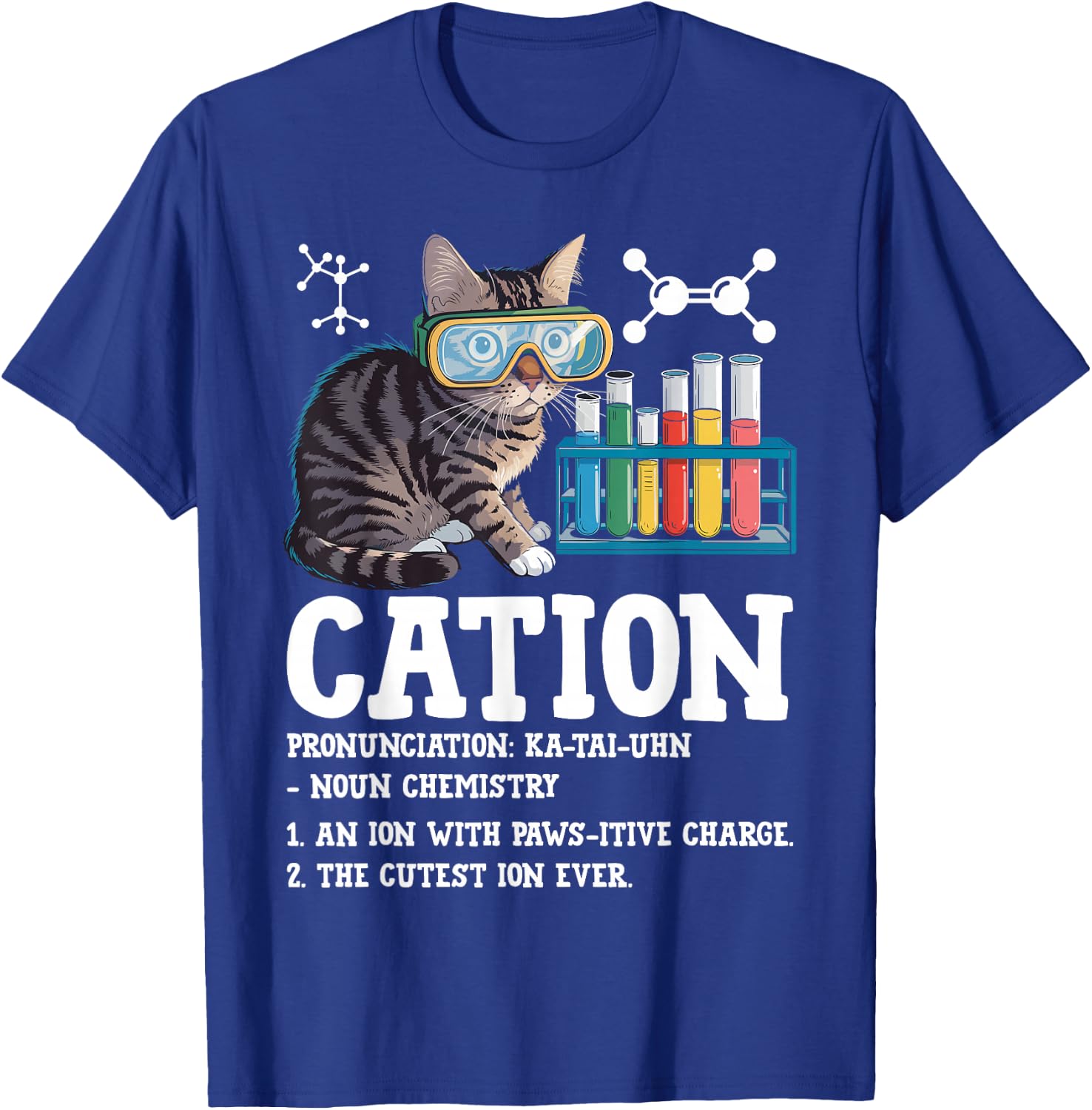 Cation Funny Chemistry Science Teacher Cat Men Women Kids T-Shirt - T-Shirt | Royal
