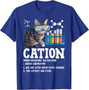 Cation Funny Chemistry Science Teacher Cat Men Women Kids T-Shirt - T-Shirt | Royal