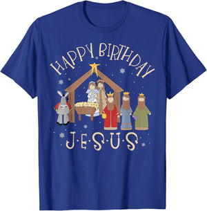Merry Christmas -Christian Family Group Children Nativity Happy Birthday Jesus Christmas Nativity Christian Black Small Short Sleeve Cotton Blend T-Shirt - T-Shirt | Royal