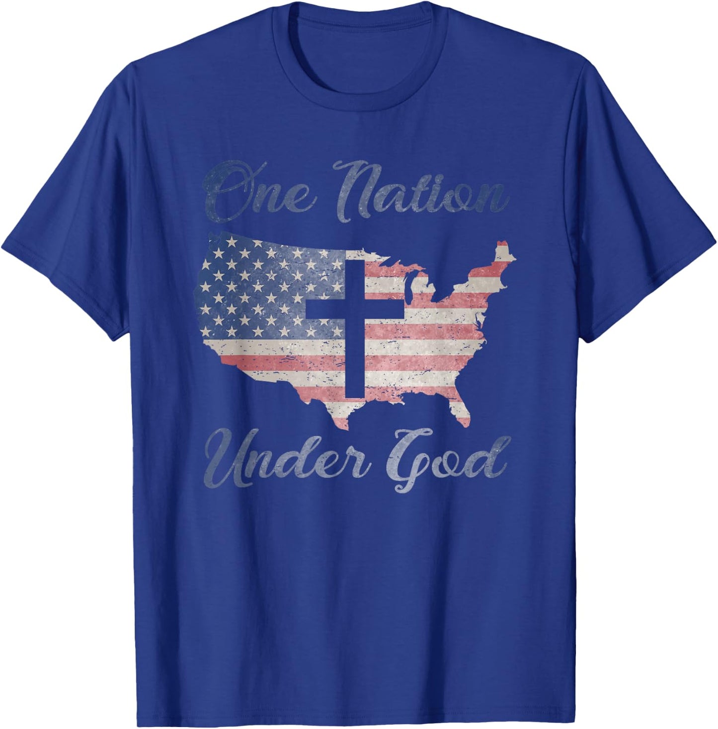ONE NATION UNDER GOD Christian Cross American Flag USA Map T-Shirt - T-Shirt | Royal