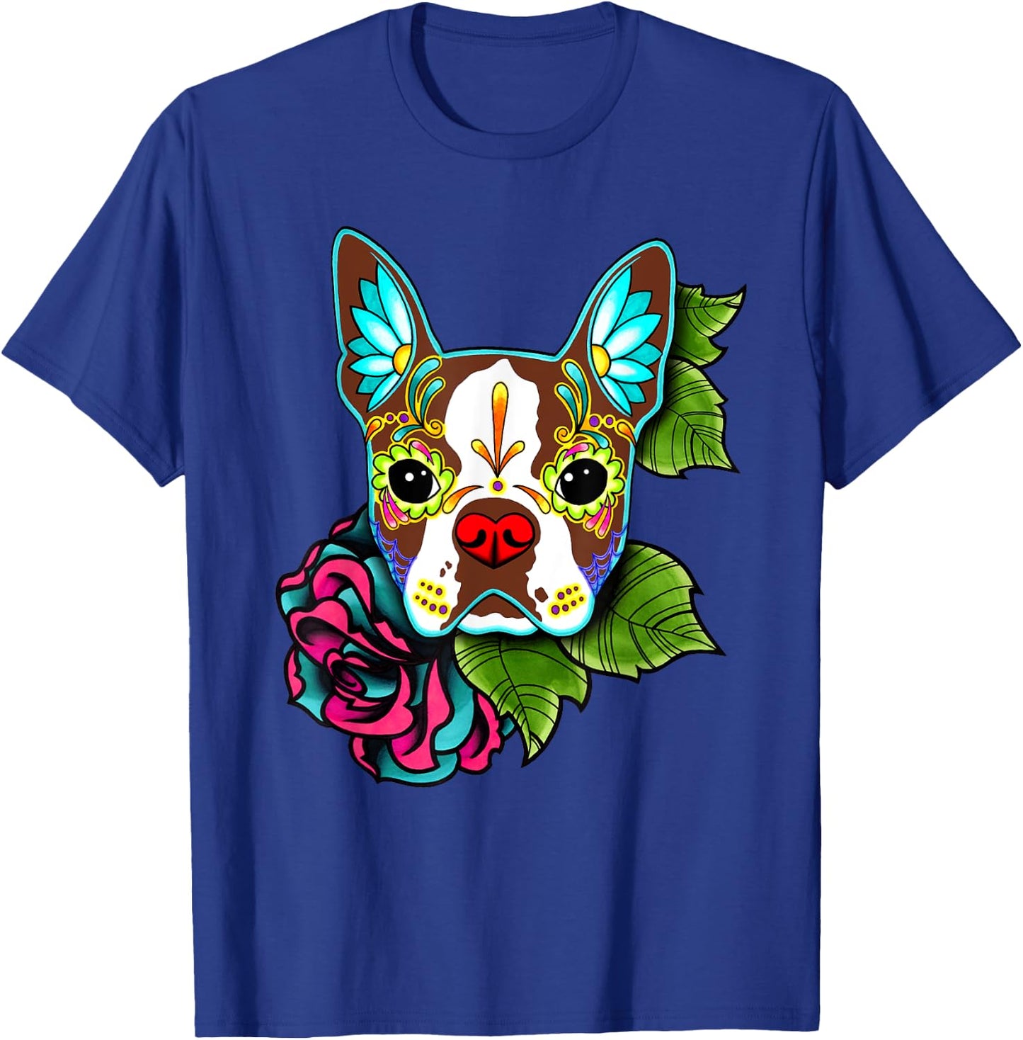 Boston Terrier in Red - Day of the Dead Sugar Skull Dog T-Shirt - T-Shirt | Royal