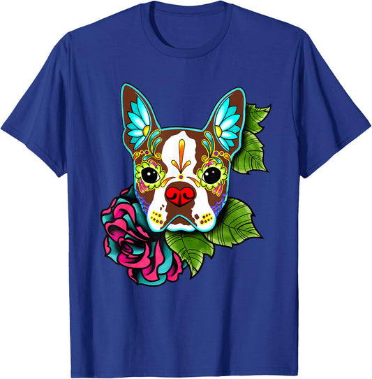 Boston Terrier in Red - Day of the Dead Sugar Skull Dog T-Shirt - T-Shirt | Royal