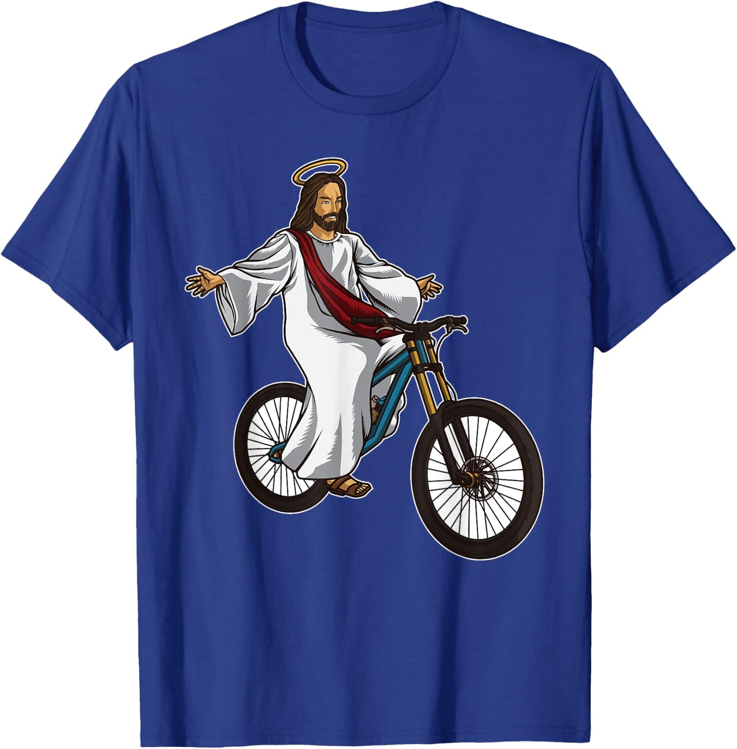 Funny Jesus Bicycle Illustration Riding a Mountainbike T-Shirt - T-Shirt | Royal