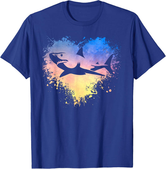 Great White Shark Vintage Sunset Colors Heart Art Graphic T-Shirt - T-Shirt | Royal