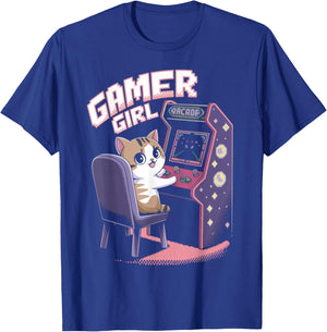 Gamer Girl Cat Kitten Arcade Gamer Gaming Video Game Arcade T-Shirt - T-Shirt | Royal