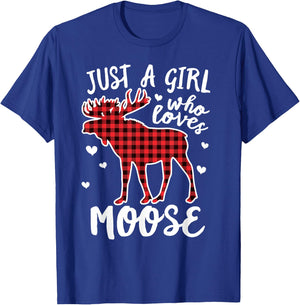 Just A Girl Who Loves Moose Buffalo Plaid Christmas T-Shirt - T-Shirt | Royal