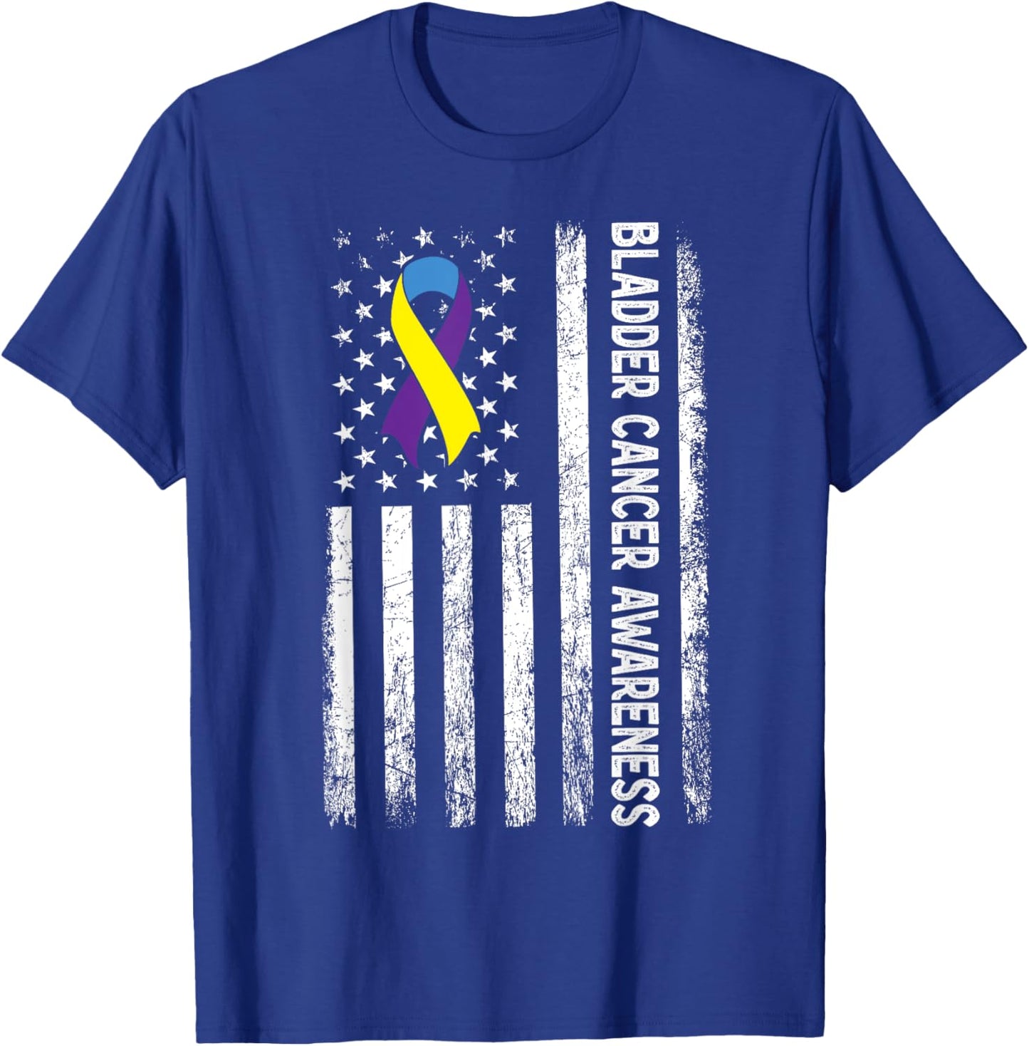 Bladder Cancer Awareness Purple Yellow Blue American Flag T-Shirt - T-Shirt | Royal