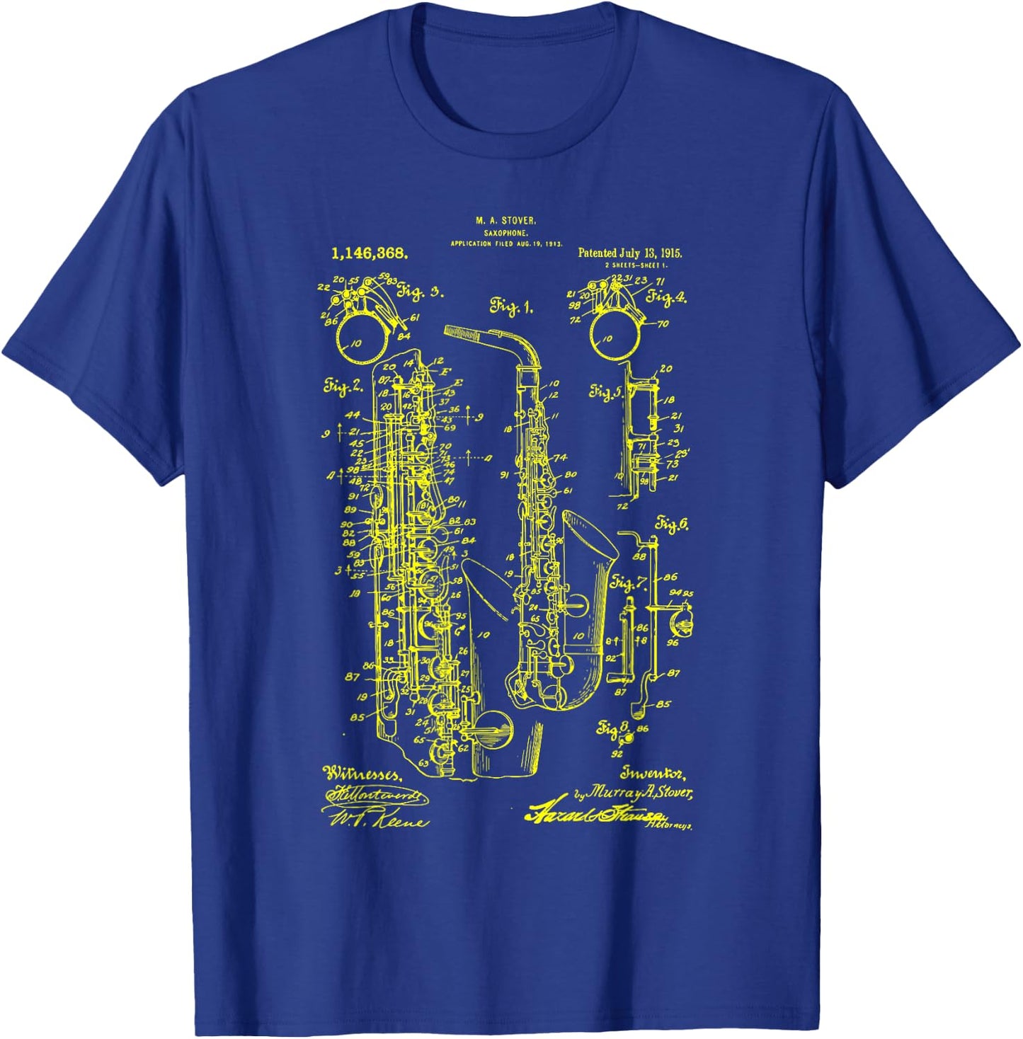 Saxophone Old Vintage Patent Drawing Print Saxophone T-Shirt - T-Shirt | Royal