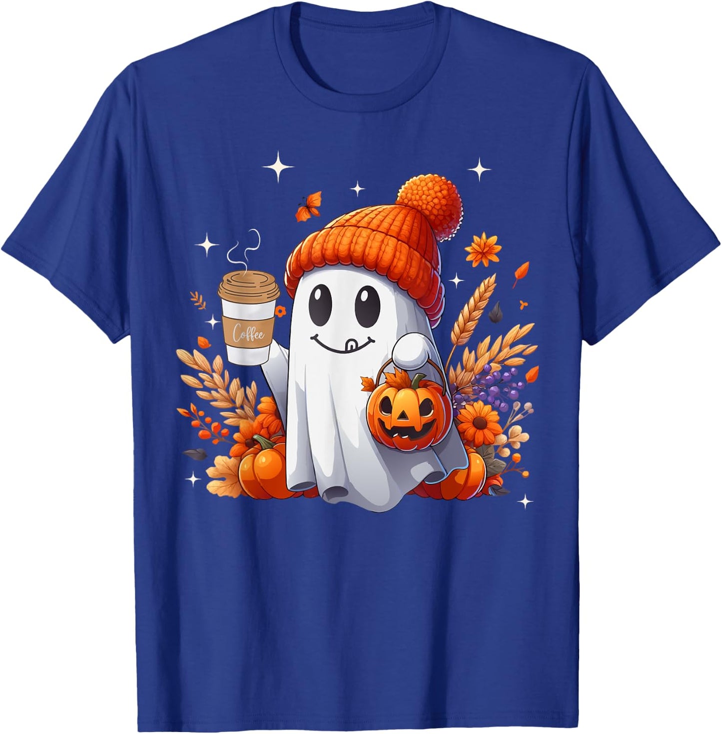 Men Women Autumn Cute Ghost Drinking Coffee Spooky Halloween T-Shirt - T-Shirt | Royal