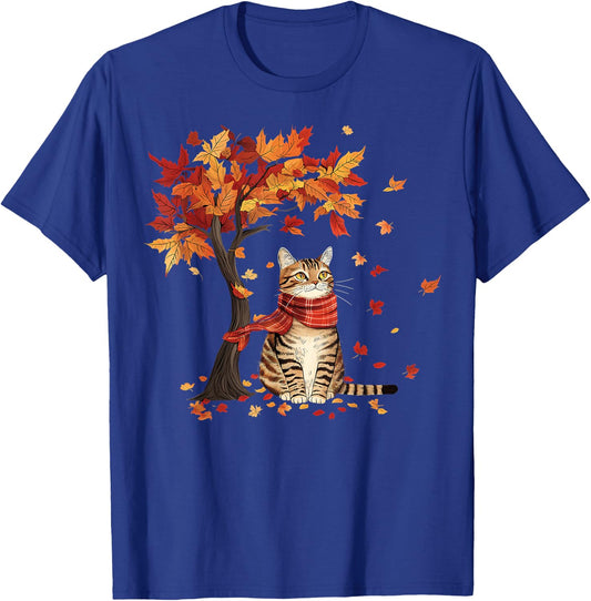 Cat Leaf Fall Tree Hello Autumn Thanksgiving It's Fall Y'all T-Shirt - T-Shirt | Royal