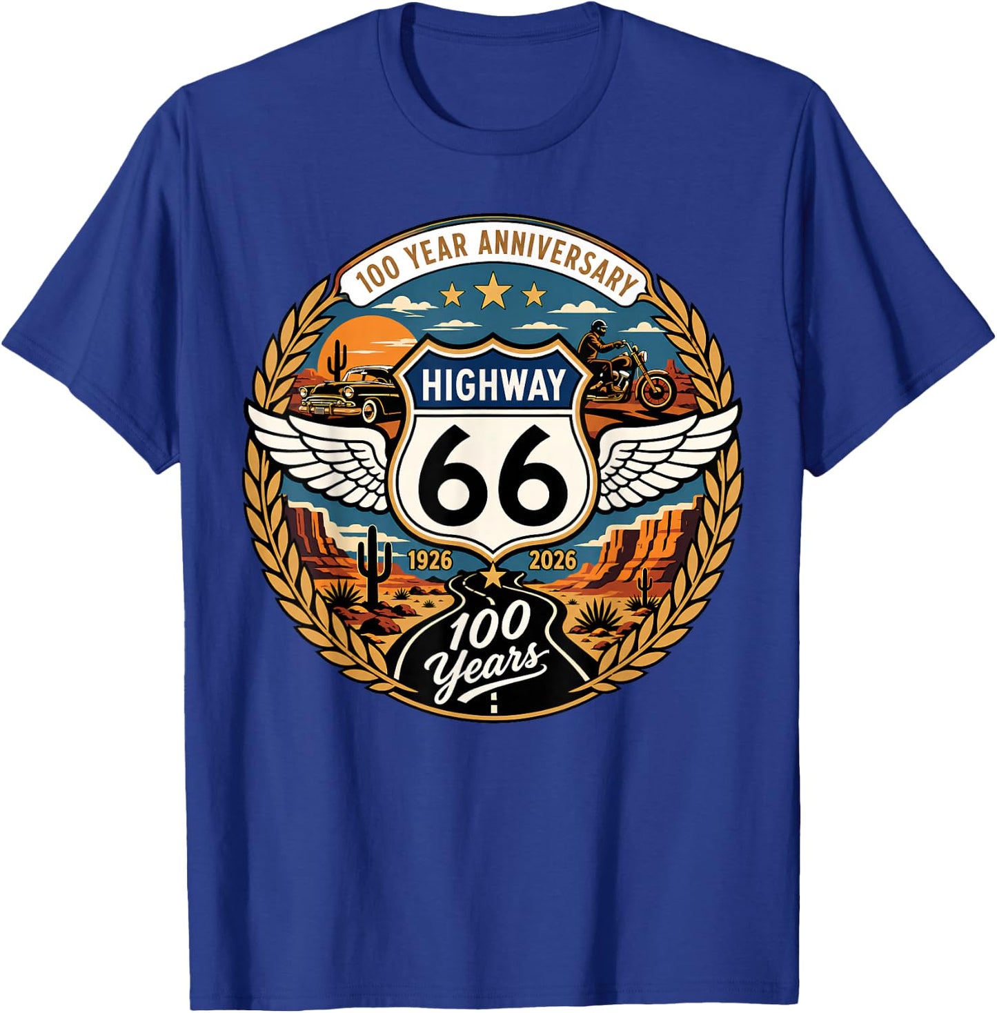 Highway 66 Centennial Car Anniversary 100 Years 1926-2026 T-Shirt - T-Shirt | Royal