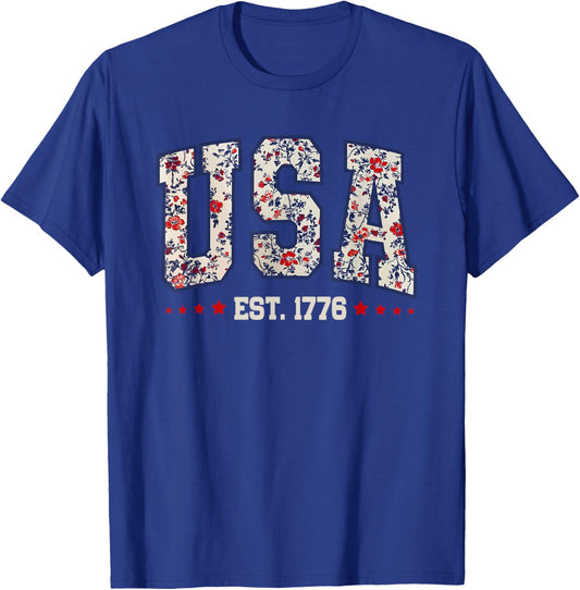 USA Est 1776 Floral Patriotic America 4th of July Women Girl T-Shirt - T-Shirt | Royal