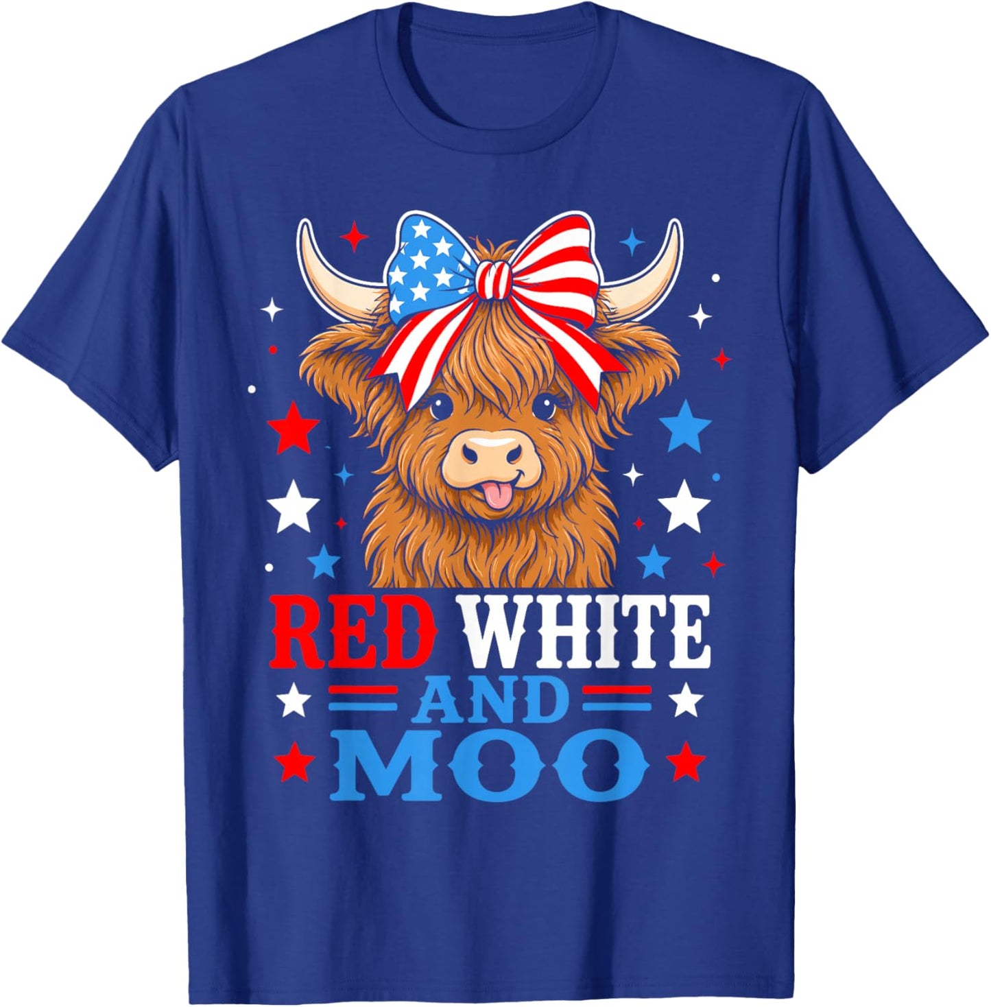 Red White and Moo Highland Patriotic Fluffy Cow 4th of July T-Shirt - T-Shirt | Royal
