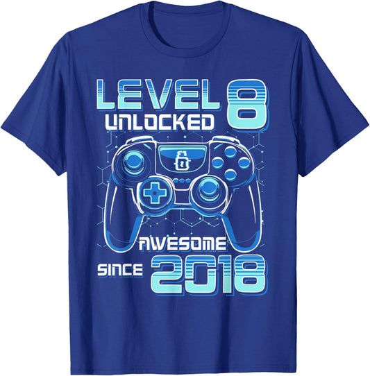 Level 8 Unlocked Video Game Party 8th Birthday Gamer Boys T-Shirt - T-Shirt | Royal