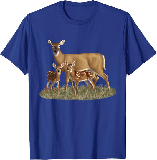 Whitetail Deer Doe & Cute Twin Fawns Wildlife Art T-Shirt - T-Shirt | Royal