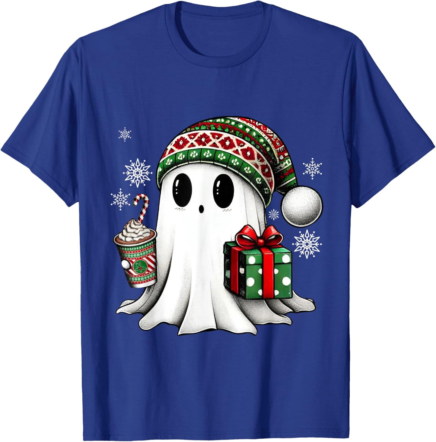 Christmas Cute Ghost Drink Coffee Funny Christmas Ghost T-Shirt - T-Shirt | Royal