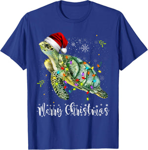 Turtle Santa Hat Merry Christmas Lights Xmas Holiday Costume T-Shirt - T-Shirt | Royal