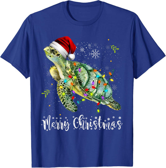 Turtle Santa Hat Merry Christmas Lights Xmas Holiday Costume T-Shirt - T-Shirt | Royal