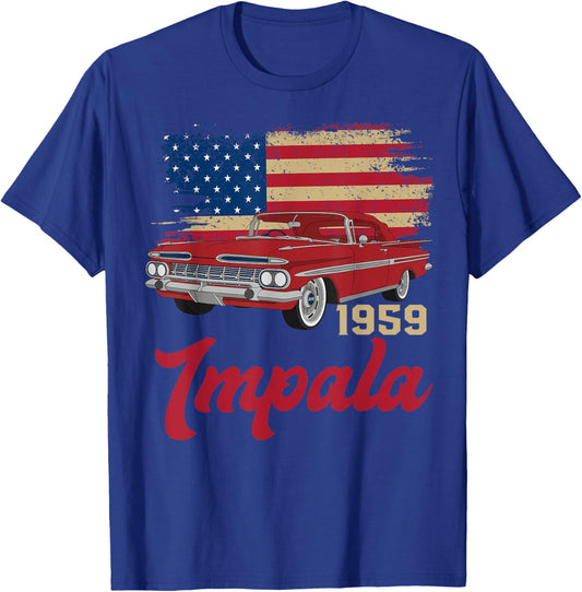 1959 59 Impala Old School Muscle Car American Flag T-Shirt - T-Shirt | Royal