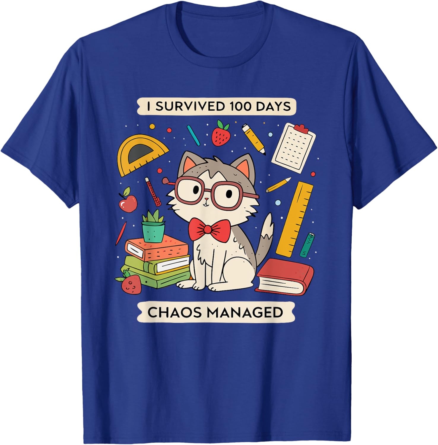 I Survived 100 Days Of School - Funny Cute Teacher Cat Men Women Kids T-Shirt - T-Shirt | Royal