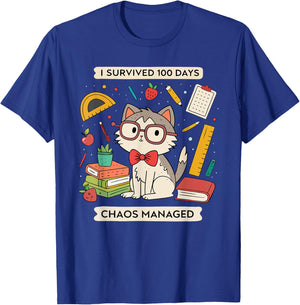 I Survived 100 Days Of School - Funny Cute Teacher Cat Men Women Kids T-Shirt - T-Shirt | Royal