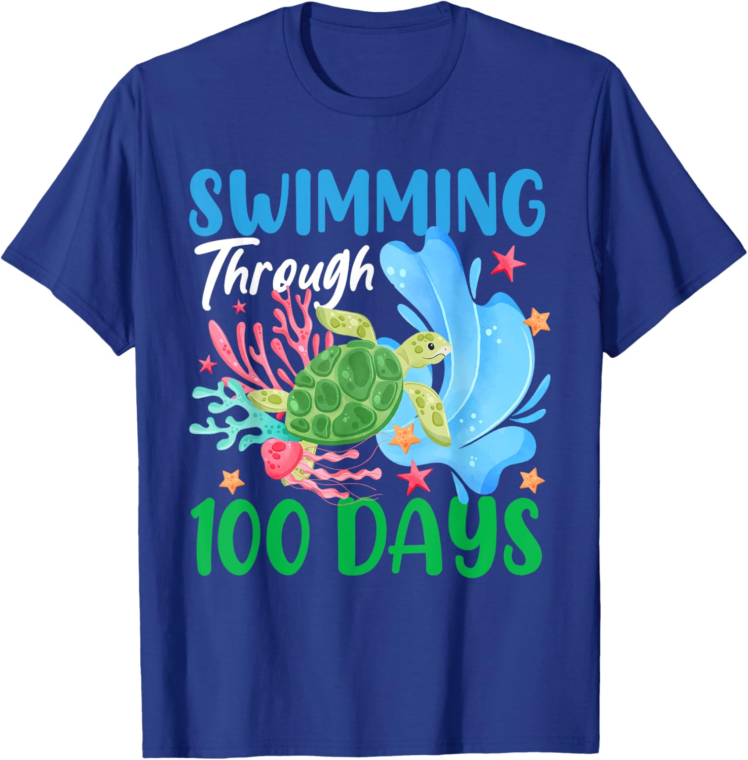 Sea Turtle Swimming Through 100 Days Of School Teacher Kids T-Shirt - T-Shirt | Royal