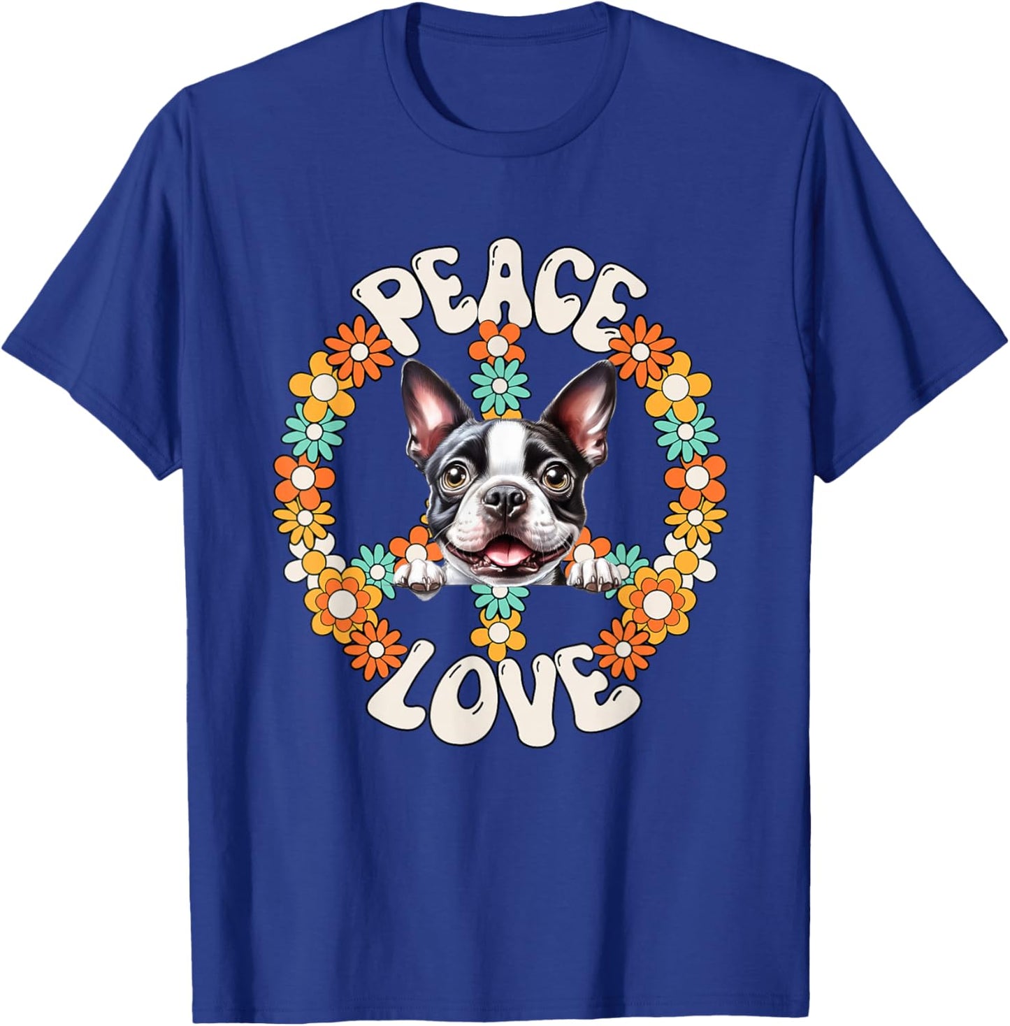60s 70s Groovy Peace Love Boston Terrier Lovers T-Shirt - T-Shirt | Royal