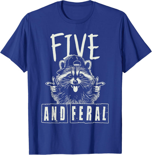 Feral and Five Raccoon 5th Birthday Girls Boys Kids T-Shirt - T-Shirt | Royal