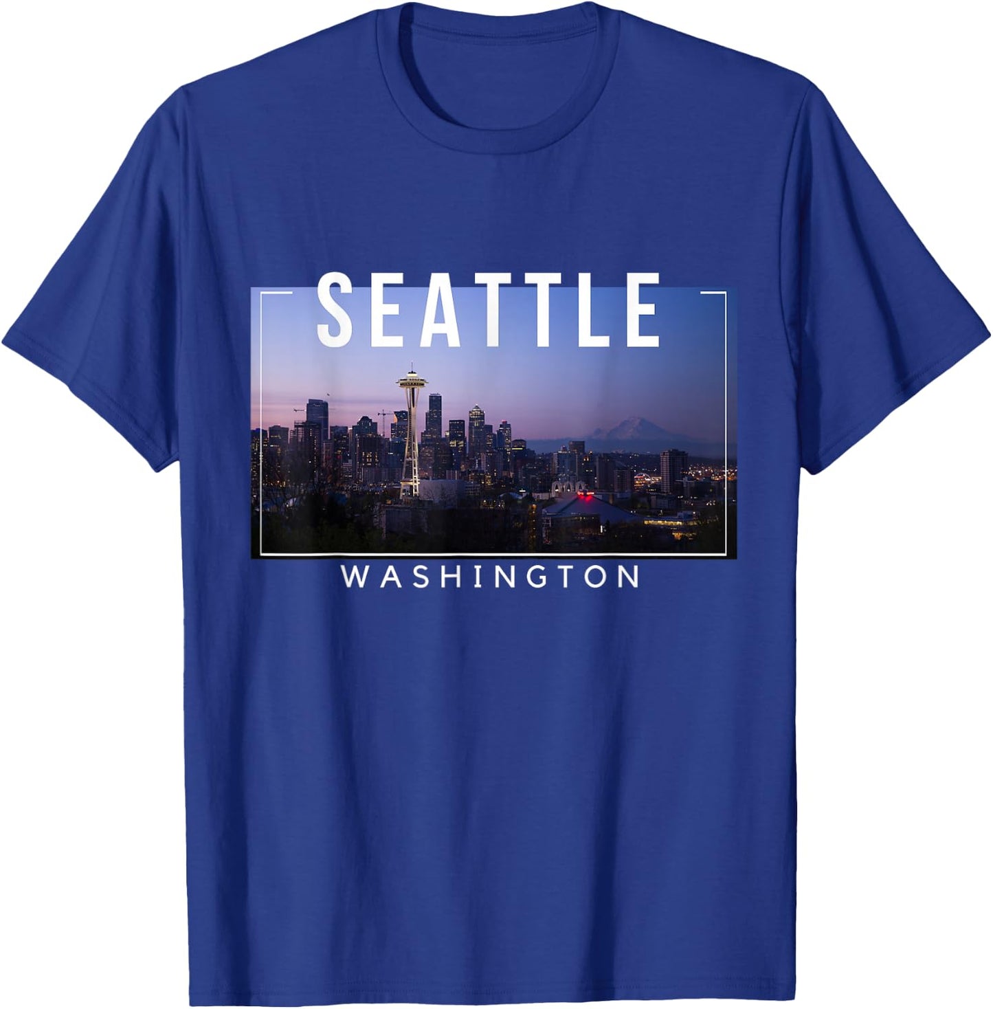 Seattle Washington Skyline Space Needle Mount Rainier T-Shirt - T-Shirt | Royal