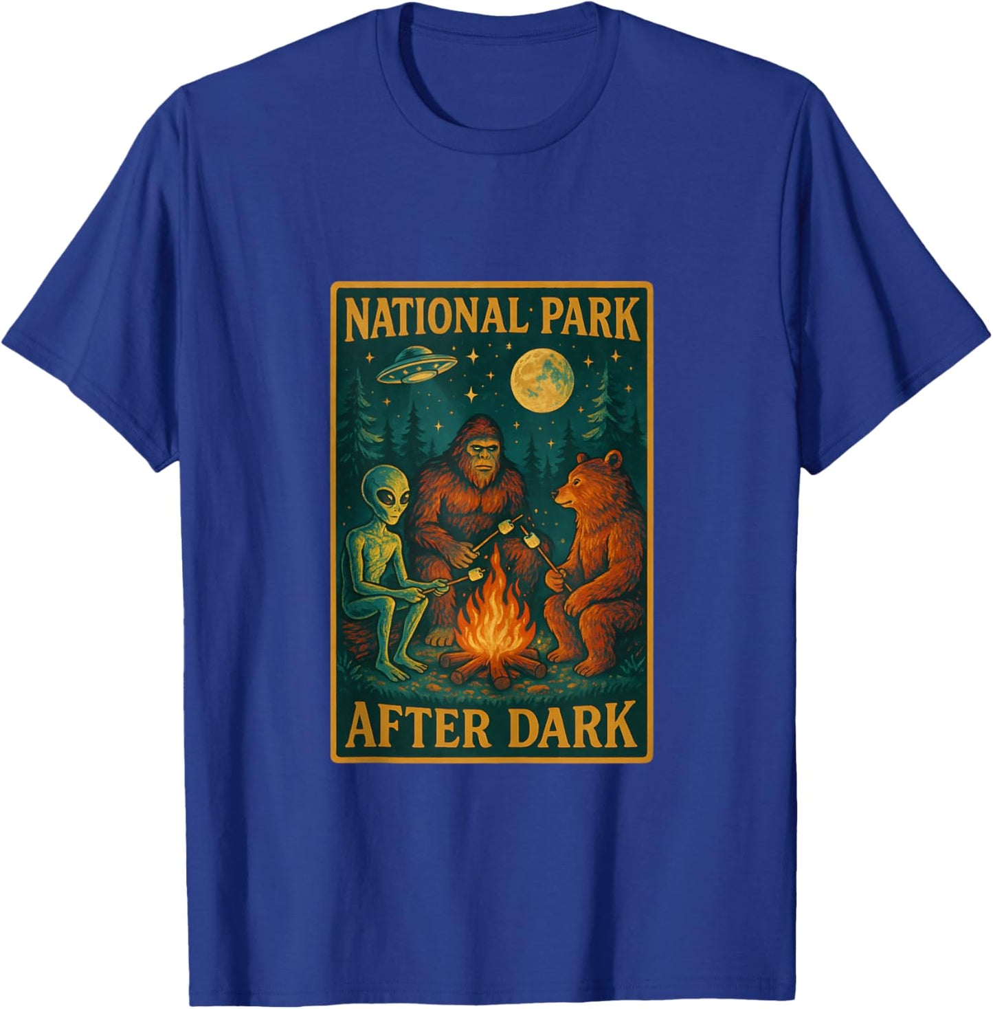 National Park After Dark Alien Bigfoot Bear Camping T-Shirt - T-Shirt | Royal