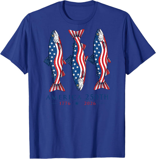 (On Back) 250 America Years 1776 2026 Fishing USA Flag Retro T-Shirt - T-Shirt | Royal