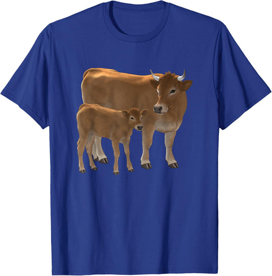 Aubrac or Jersey Brown Cow & Cute Calf Cattle Rancher Art T-Shirt - T-Shirt | Royal