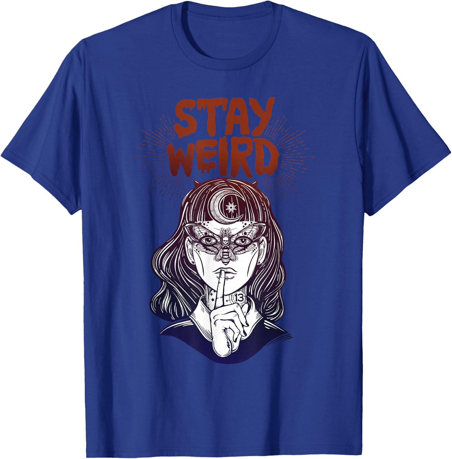 Hand Drawn Witch Girl with Butterfly Stay Weird T-Shirt - T-Shirt | Royal