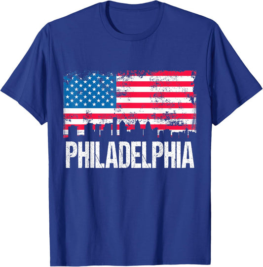 US Flag American City Skyline Philadelphia Pennsylvania USA T-Shirt - T-Shirt | Royal