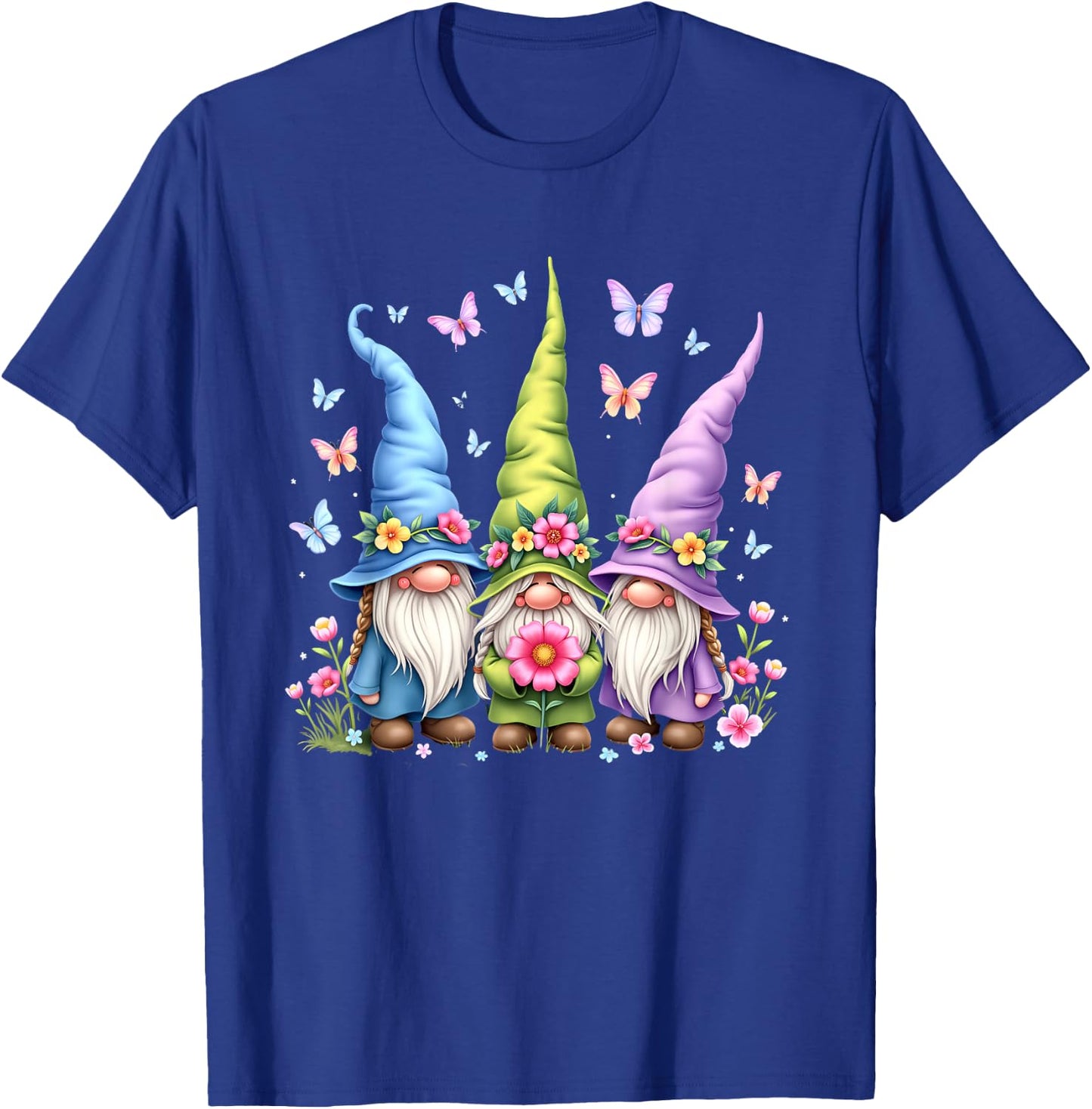 Whimsical Gnome Trio with Flowers and Butterflies T-Shirt - T-Shirt | Royal