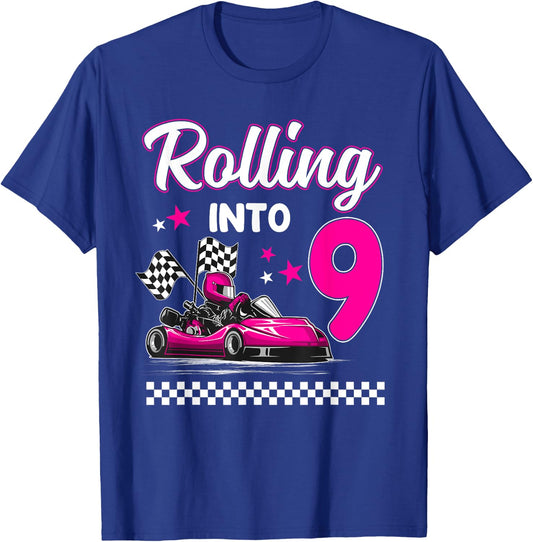 Rolling into 9 Year Old Go Kart Racing 9th Girl Birthday T-Shirt - T-Shirt | Royal