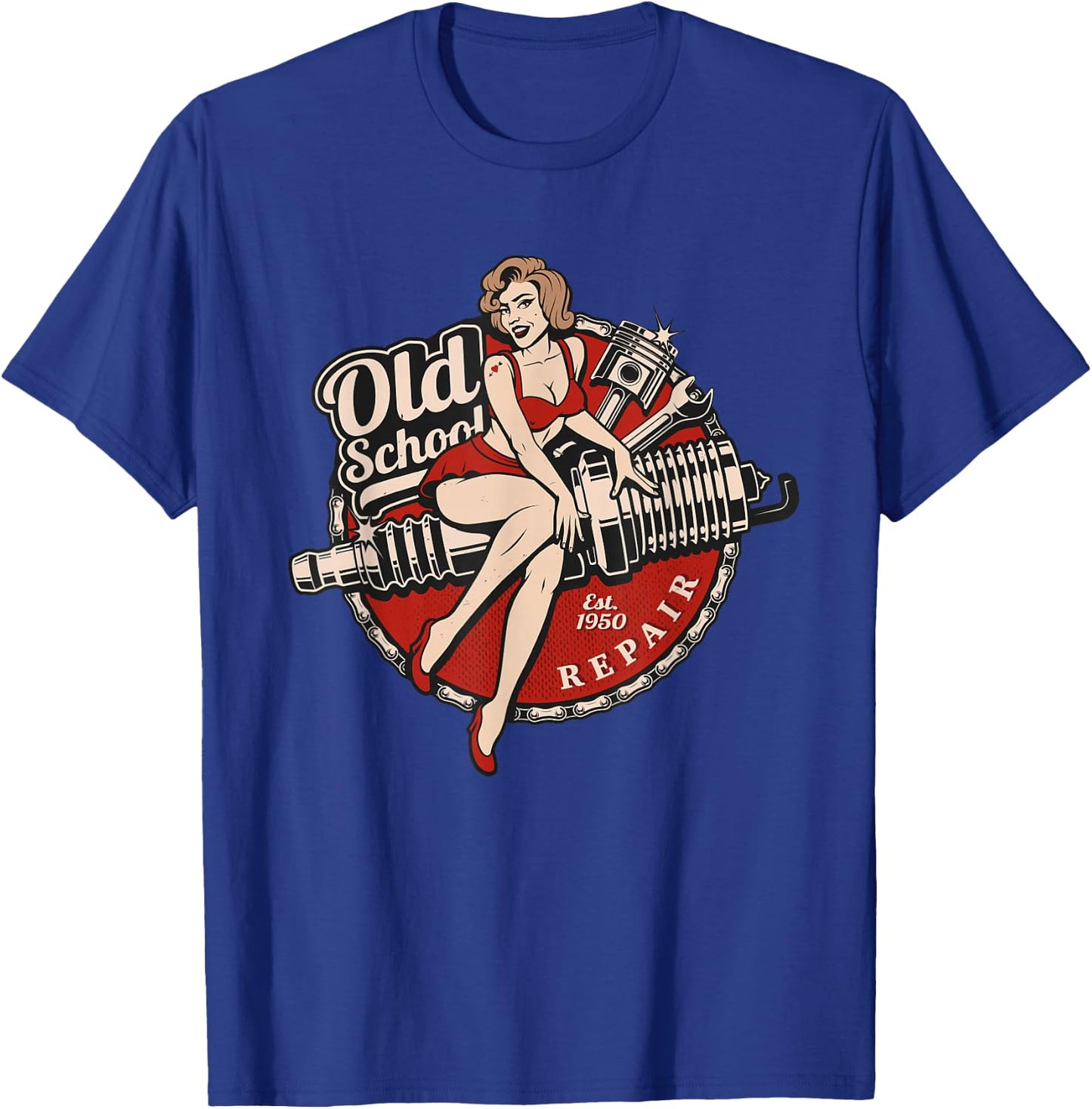 Spark Plug Pinup Mechanic T-Shirt - T-Shirt | Royal