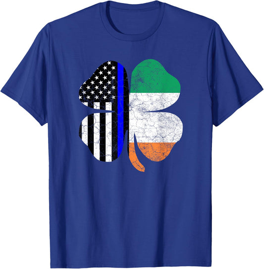 St Patricks Day Thin Blue Line American Irish Flag Police T-Shirt - T-Shirt | Royal
