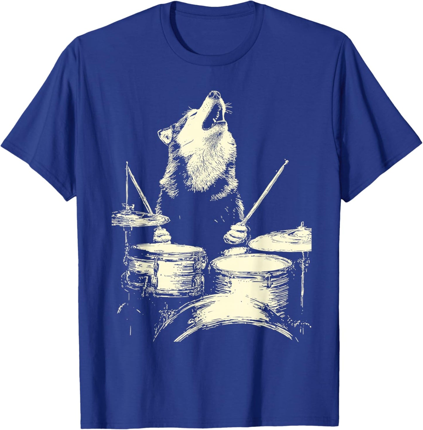 Cute Wolf Playing Drums Funny Music Animal Drummer Graphic T-Shirt - T-Shirt | Royal
