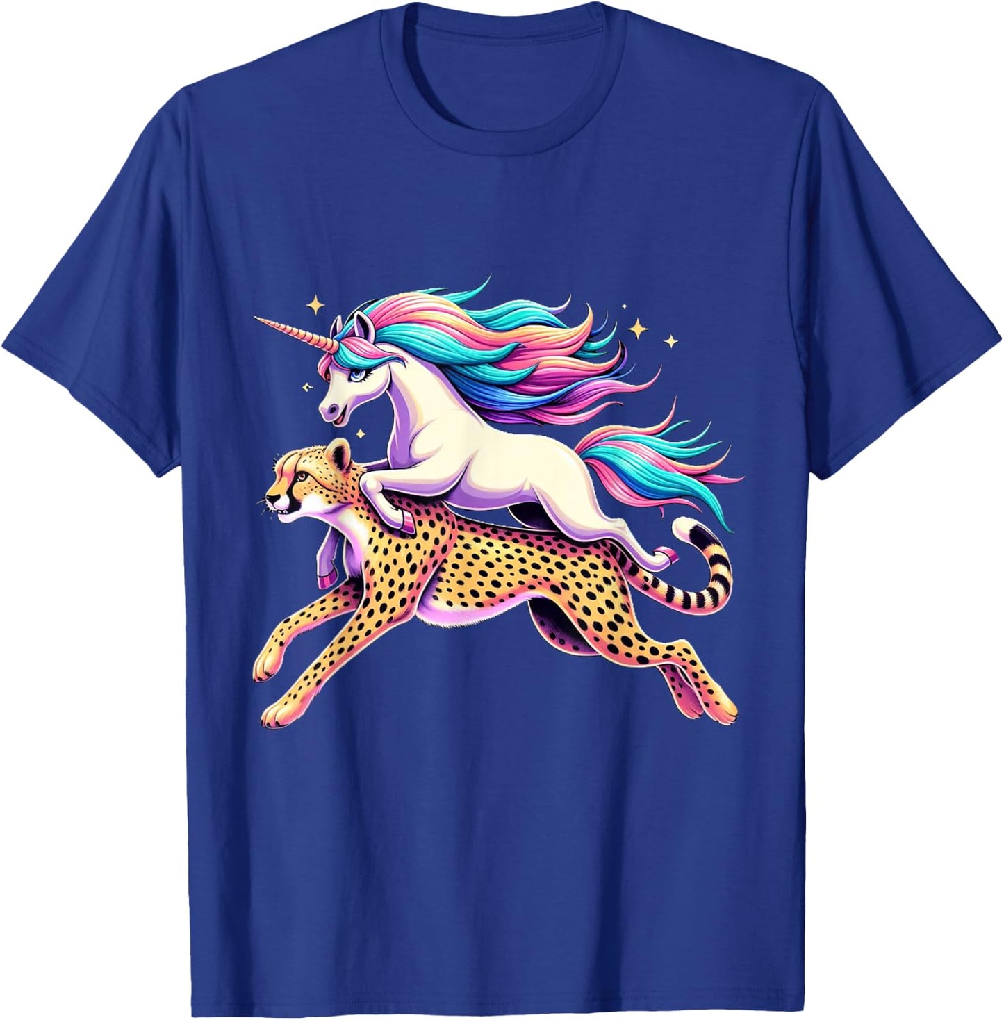 Unicorn Riding Cheetah Boys Girls Men Women Kids Rainbow T-Shirt - T-Shirt | Royal