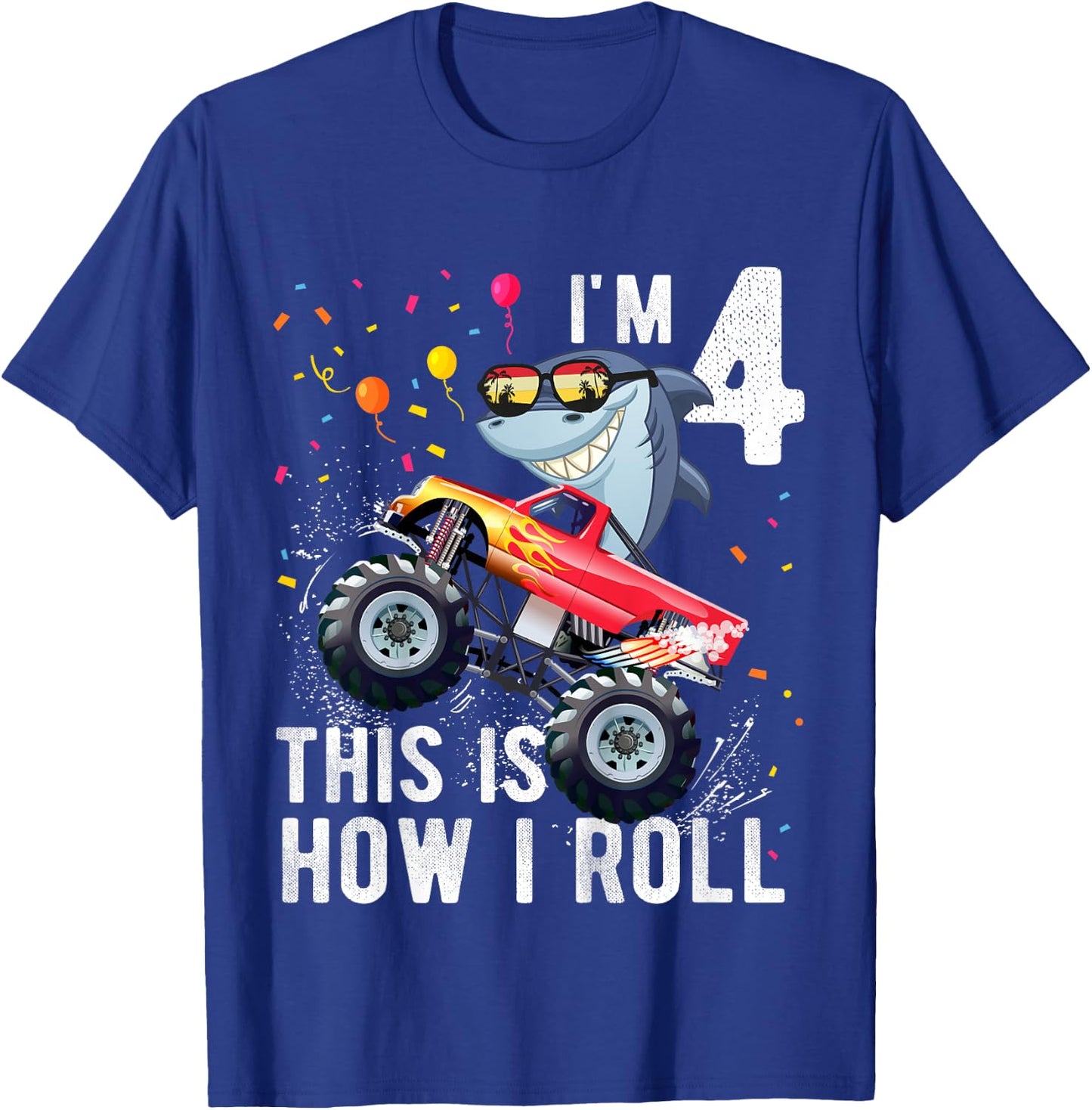 Shark Monster Truck 4th Birthday Boys and Girls T-Shirt - T-Shirt | Royal