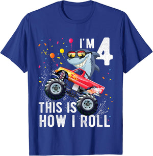 Shark Monster Truck 4th Birthday Boys and Girls T-Shirt - T-Shirt | Royal