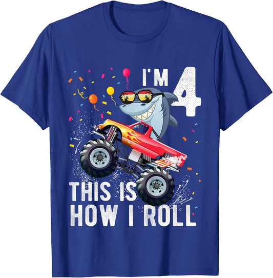 Shark Monster Truck 4th Birthday Boys and Girls T-Shirt - T-Shirt | Royal