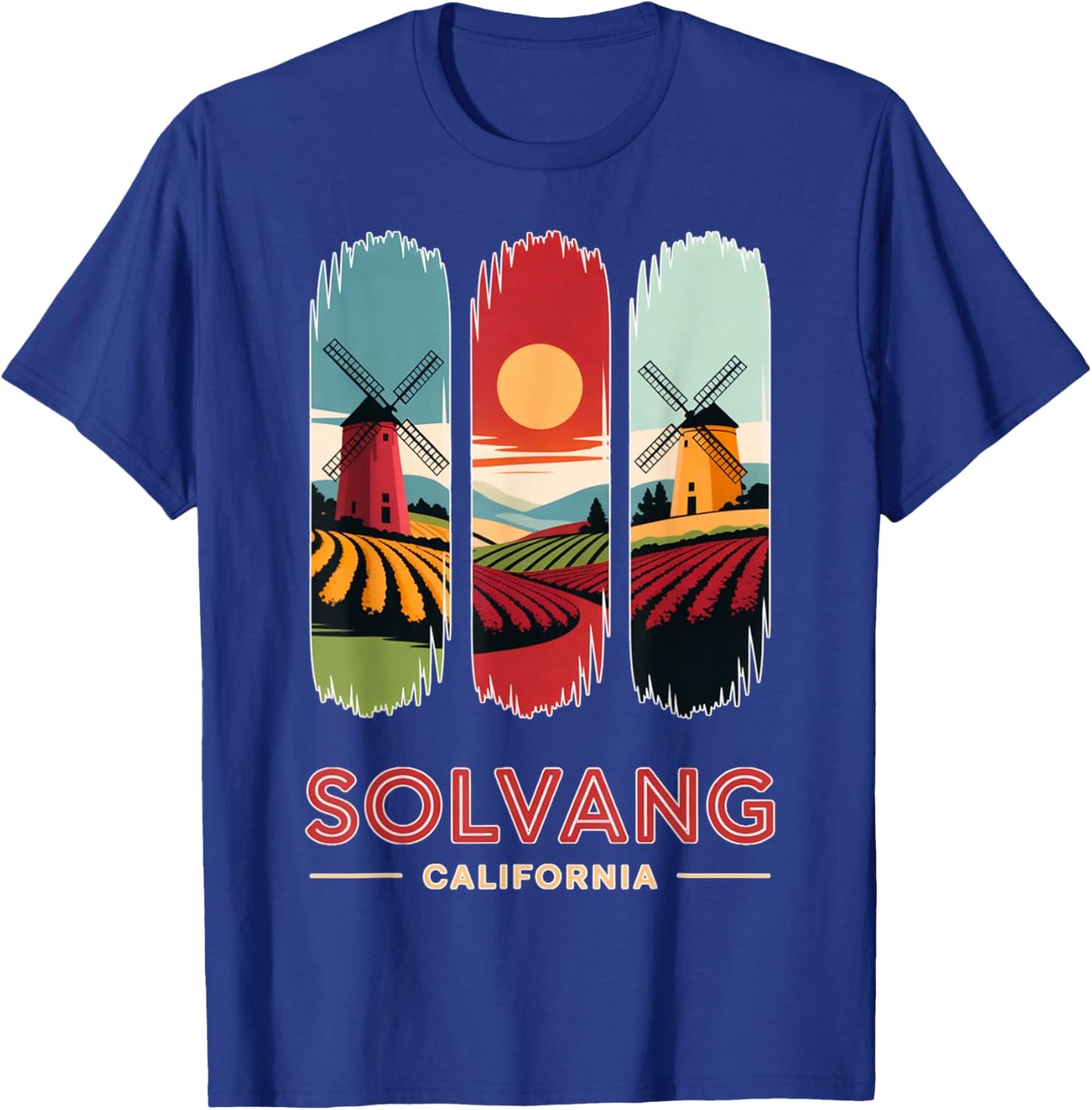 Solvang California Windmills Vintage Travel Landscape Art T-Shirt - T-Shirt | Royal