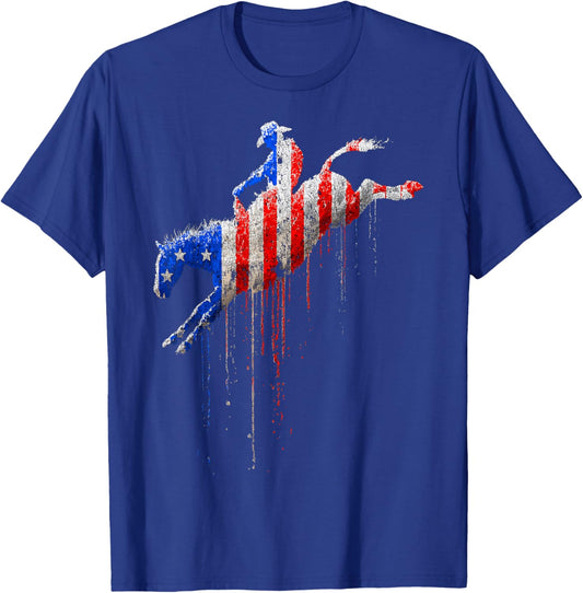 Rodeo Country Western Texas Barrel Racer American Flag USA T-Shirt - T-Shirt | Royal