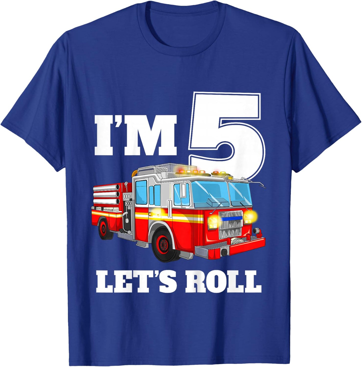 Kids Fire Truck 5th Birthday Boy 5 Year Old Five Firefighter T-Shirt - T-Shirt | Royal