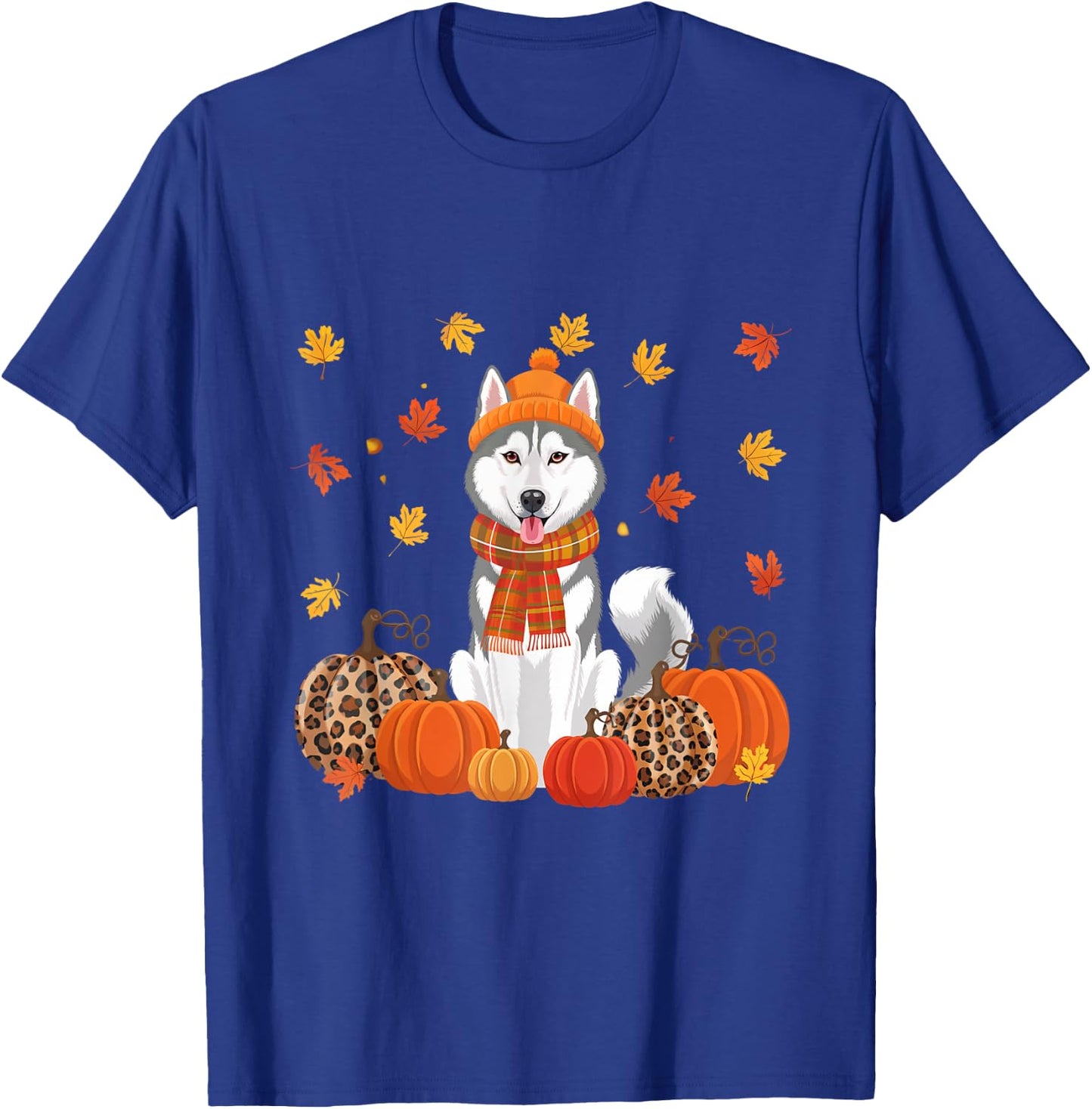 Fall Husky Pumpkins Leaves Autumn Halloween Thanksgiving T-Shirt - T-Shirt | Royal