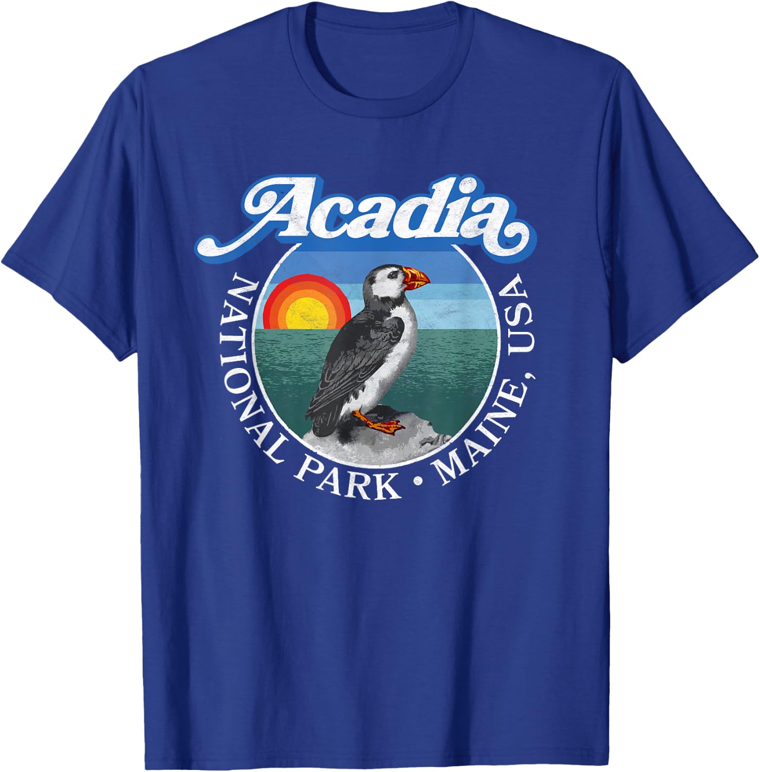 Retro Acadia National Park Vintage Maine Puffin Graphic T-Shirt - T-Shirt | Royal