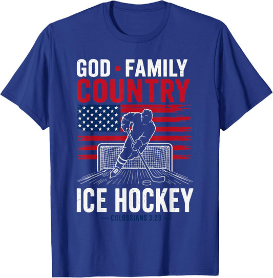 God Family Country Ice Hockey Patriotic Christian Faith T-Shirt - T-Shirt | Royal