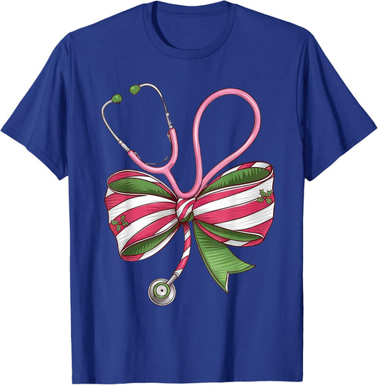 Nurse Christmas Coquette Bow Stethoscope Medical T-Shirt - T-Shirt | Royal